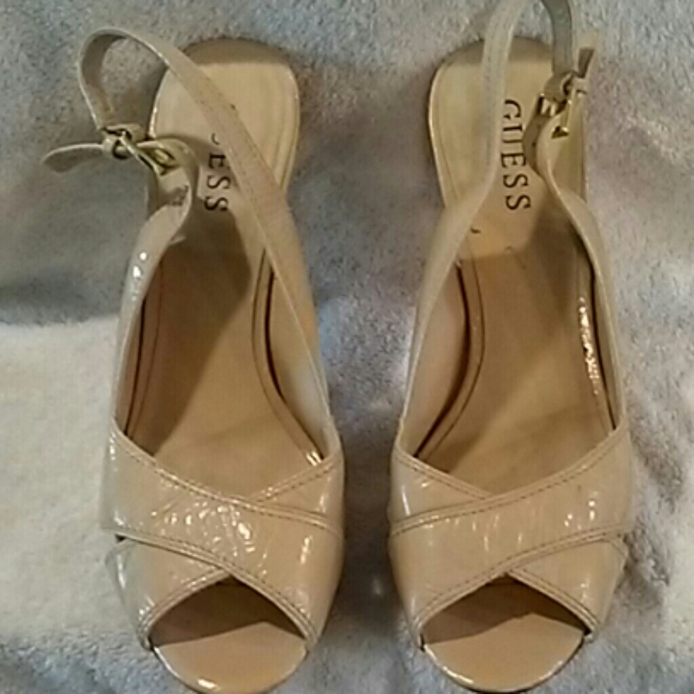 Guess cream and wood heels